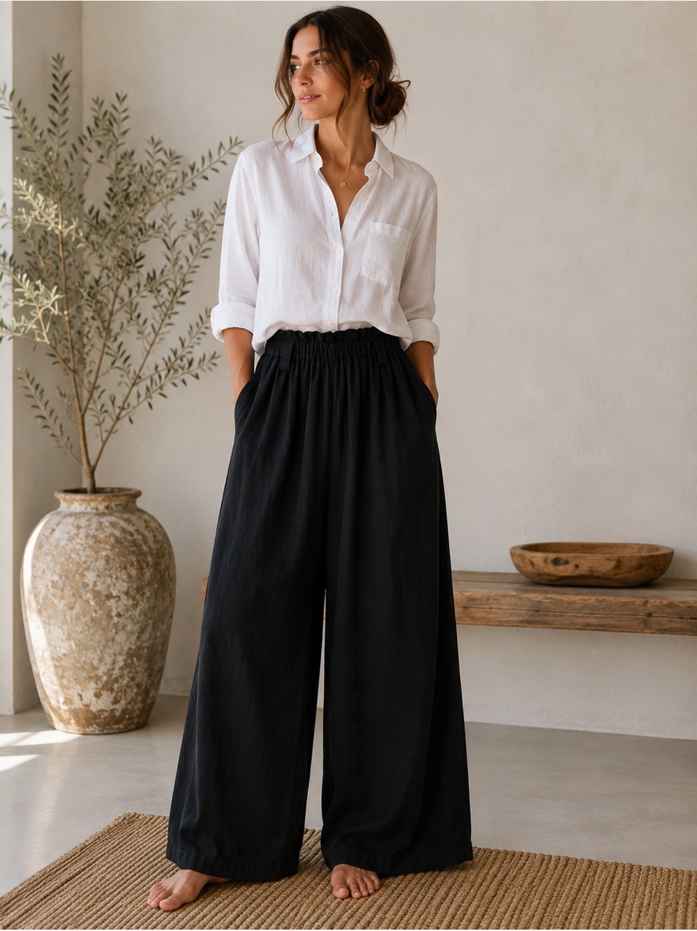 COTTON ON Black Linen Blend Wide Leg Pants Elastic Waist